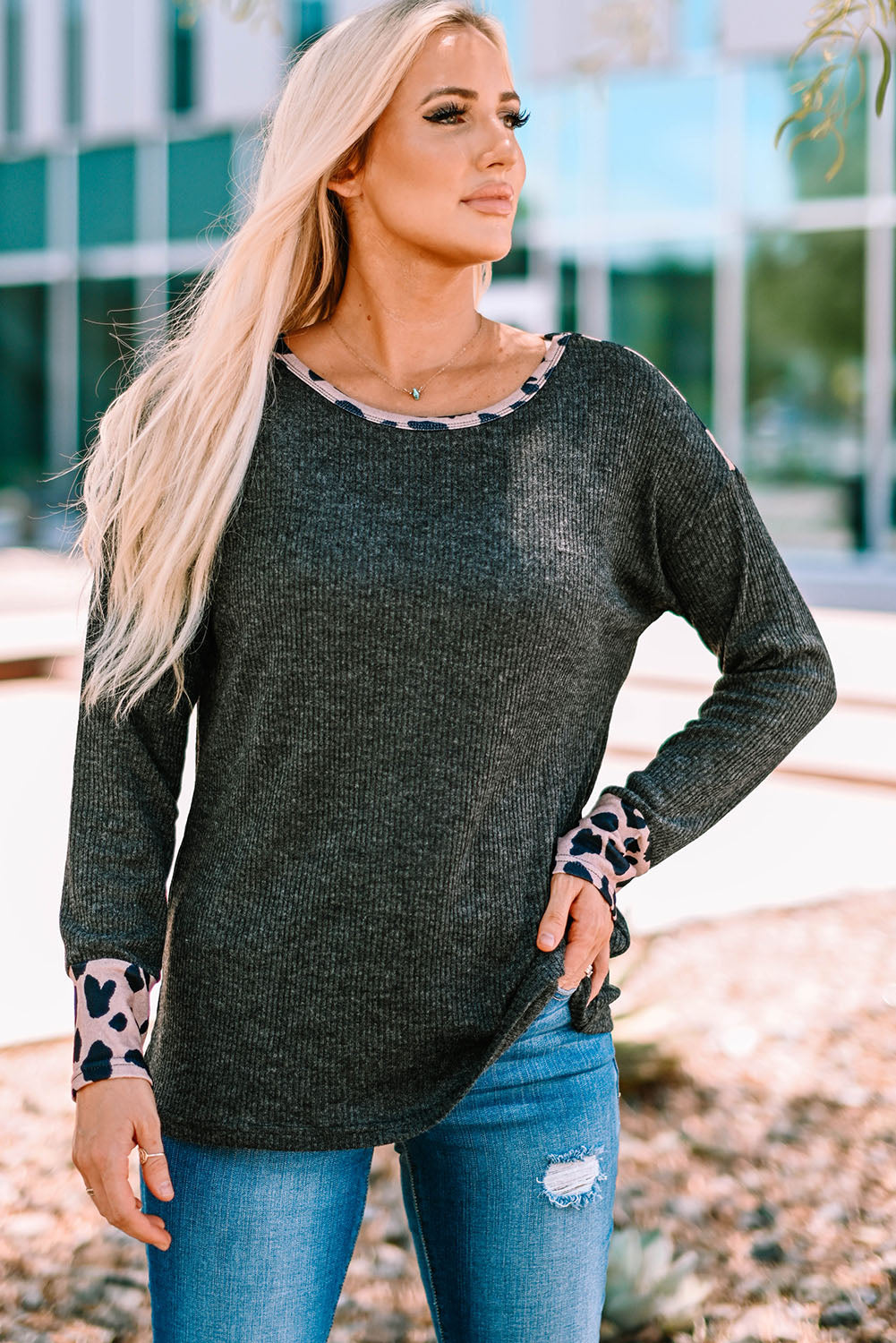 Leopard Print Ribbed Round Neck Top Black