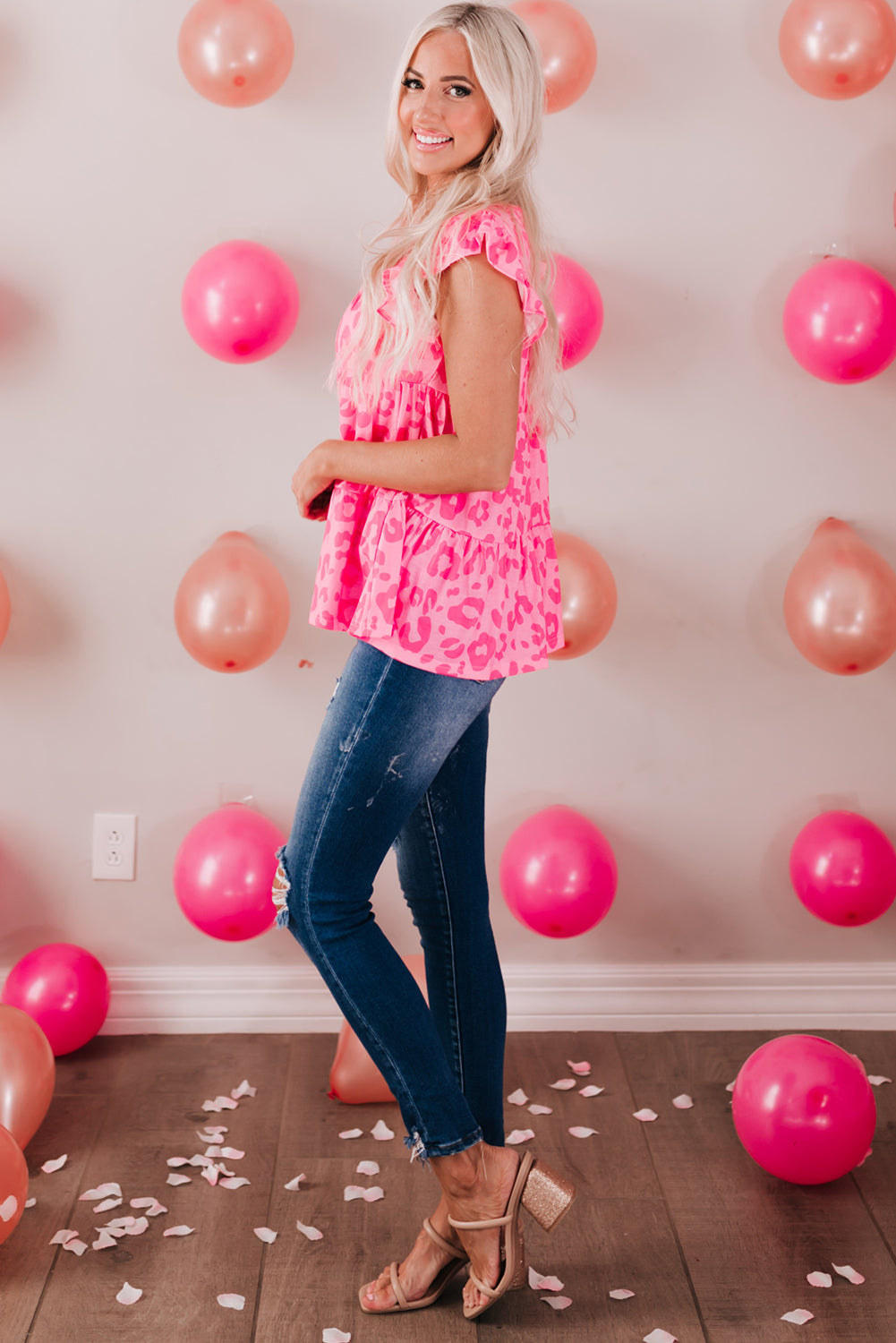 Leopard Print Tiered Round Neck Blouse