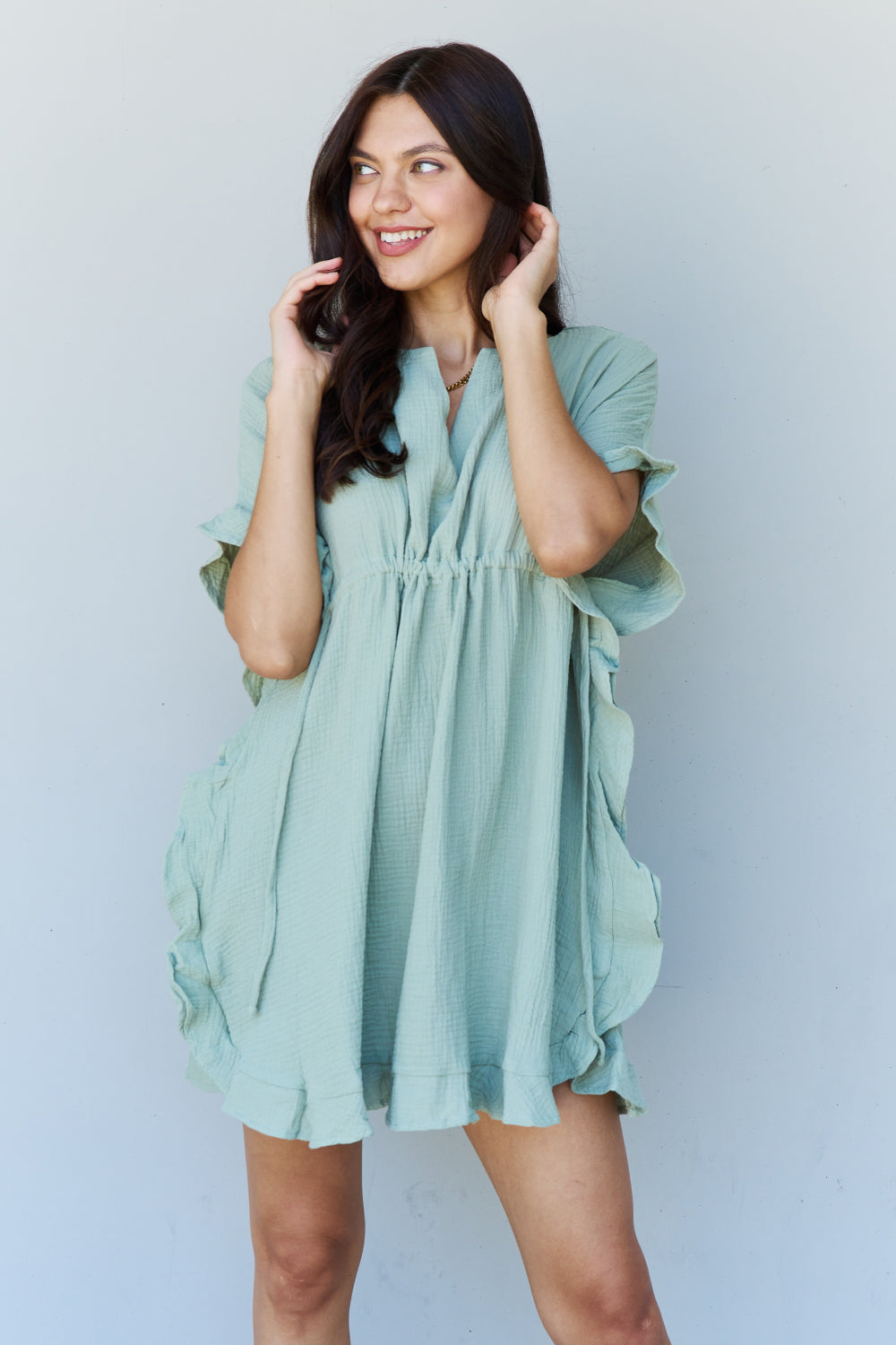 Light Sage Ruffle Hem Drawstring Waistband Midi Dress