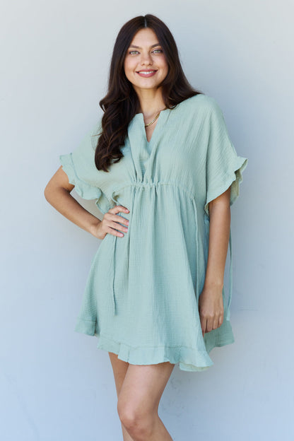 Light Sage Ruffle Hem Drawstring Waistband Midi Dress