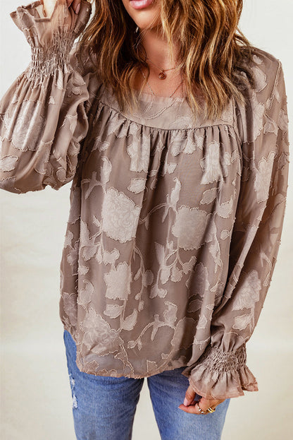 Long Sleeve Applique Blouse with Flounce Sleeves