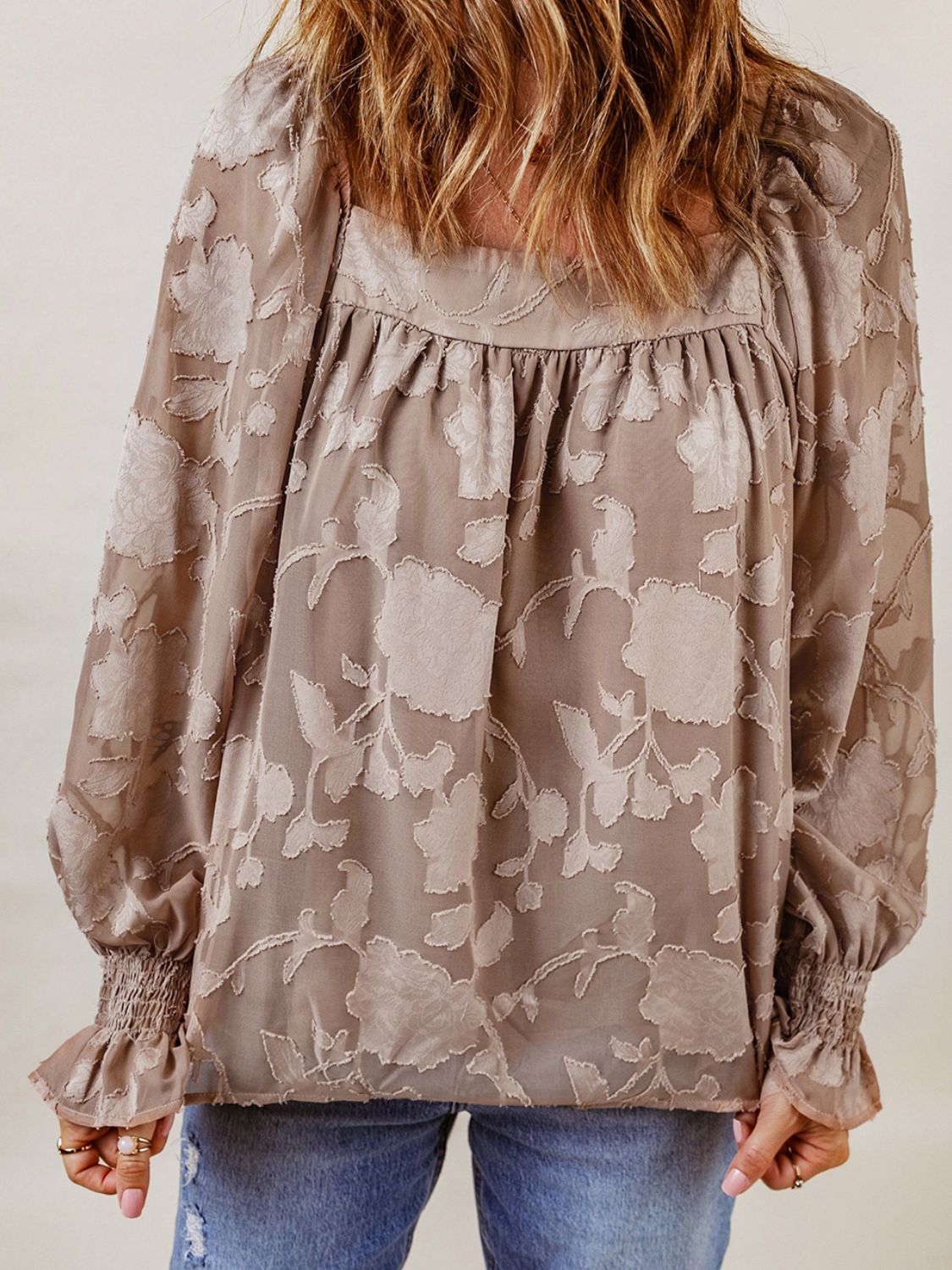 Long Sleeve Applique Blouse with Flounce Sleeves Khaki