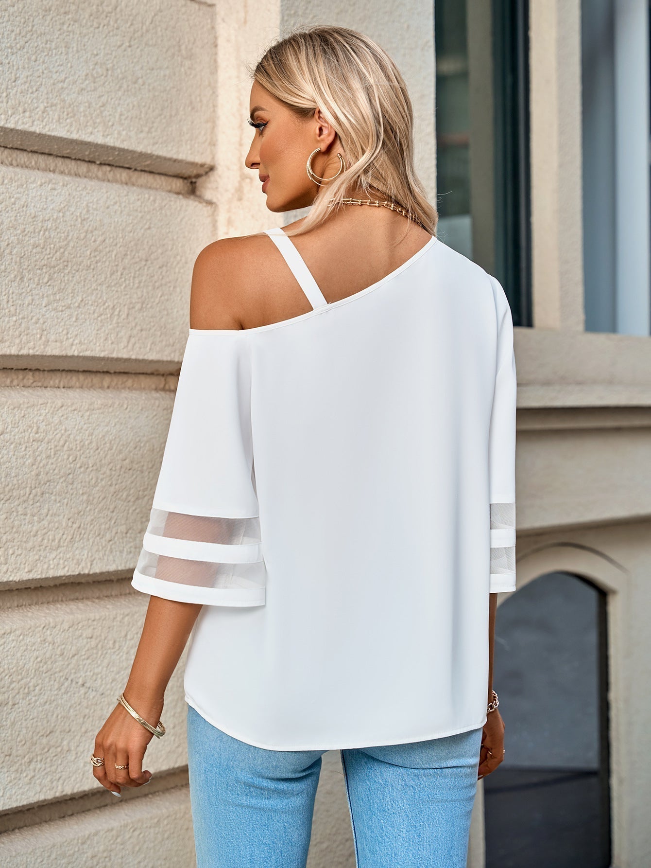 Long Sleeve Sheer Striped Blouse with Flare Sleeves