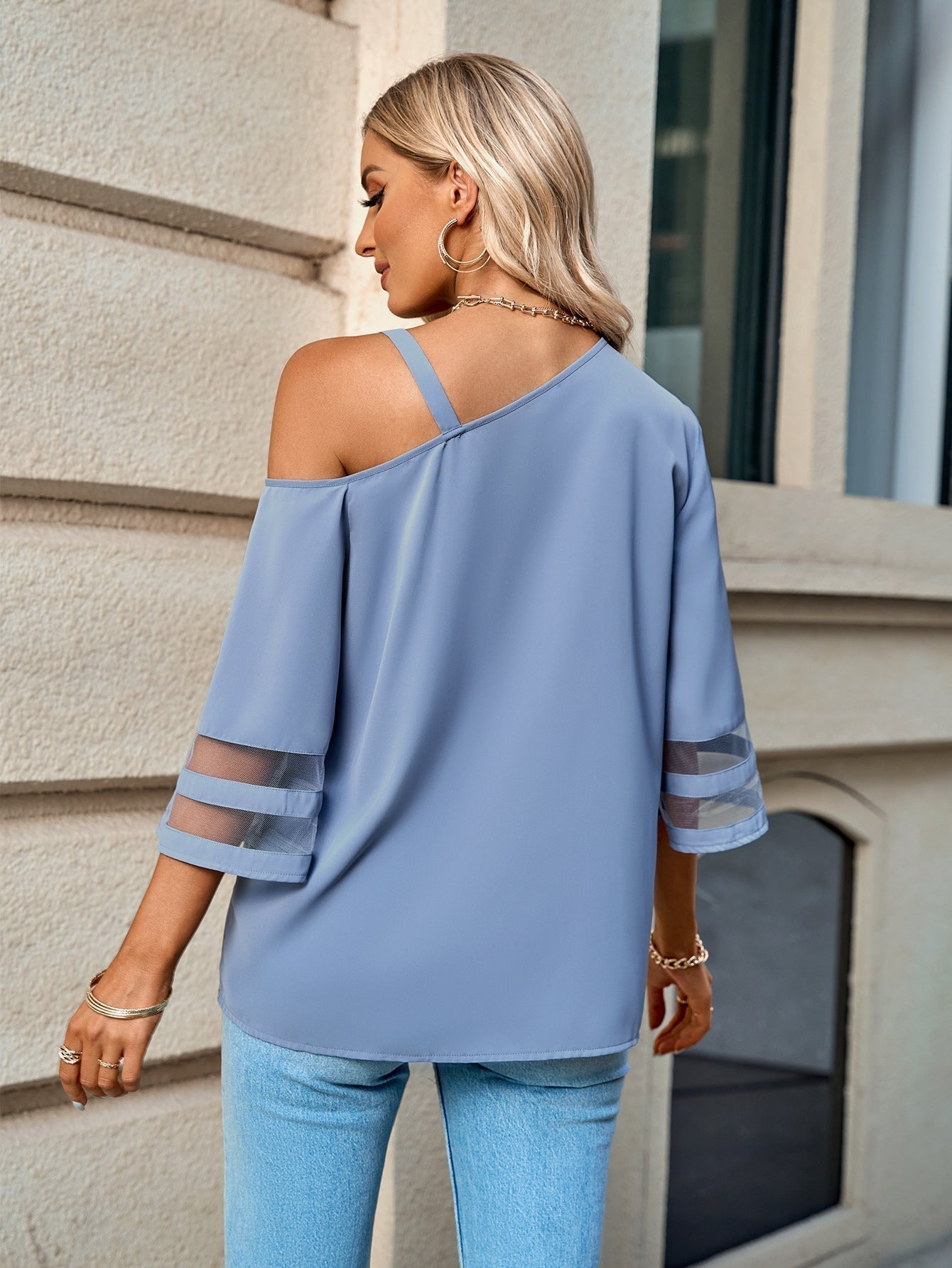 Long Sleeve Sheer Striped Blouse with Flare Sleeves