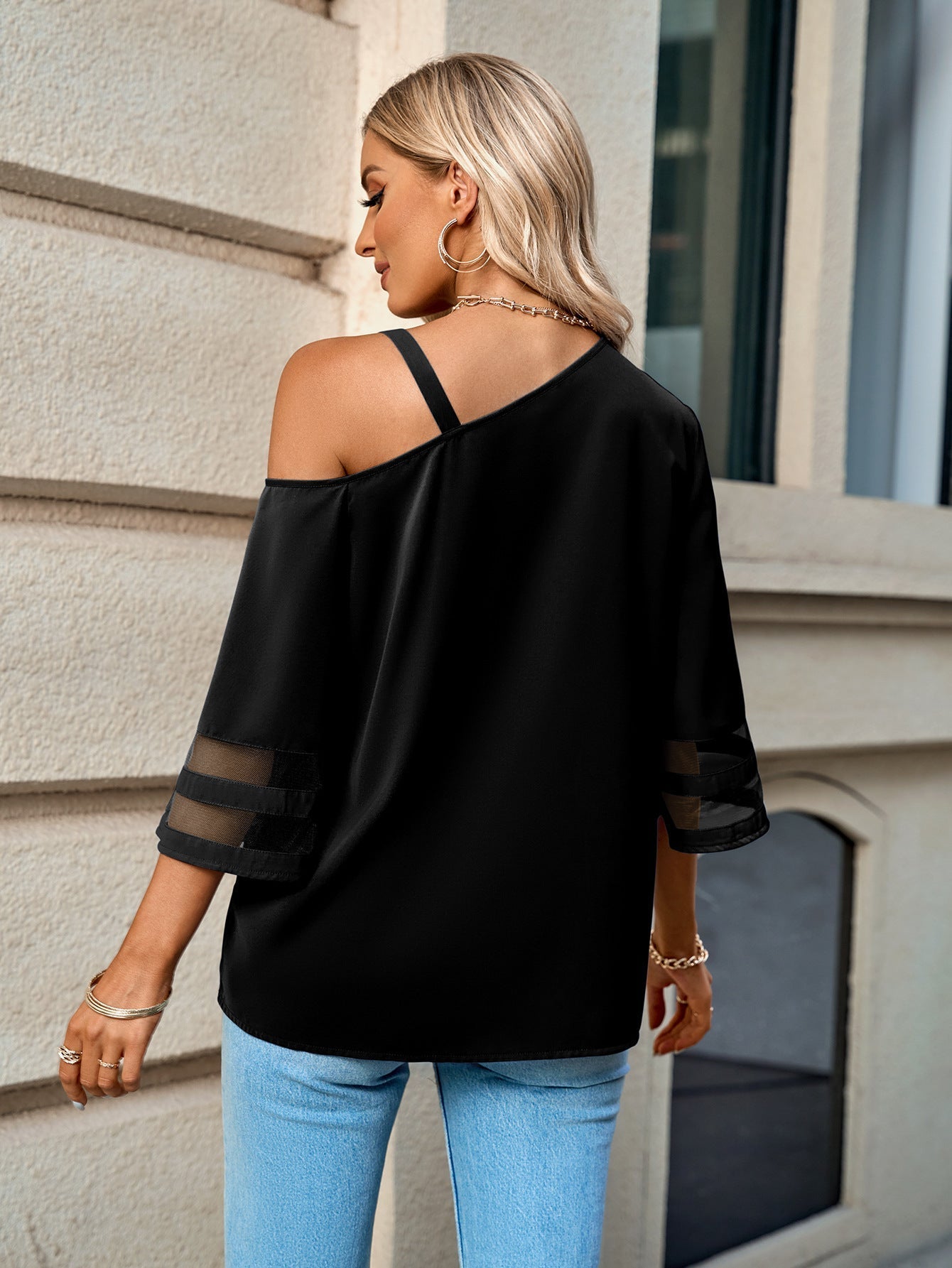 Long Sleeve Sheer Striped Blouse with Flare Sleeves