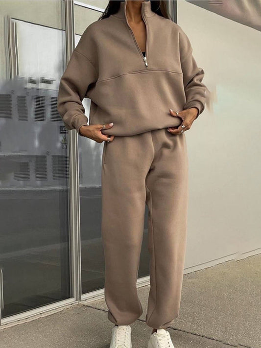 Long Sleeve Zipper Stand Collar Sweater Comfortable Loose Sports Leisure Sweater Two-piece Set Khaki