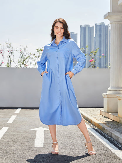 Long-Sleeved Side Slit Midi Shirt Dress