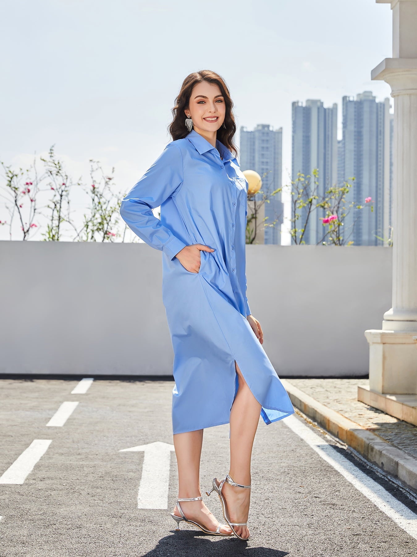 Long-Sleeved Side Slit Midi Shirt Dress