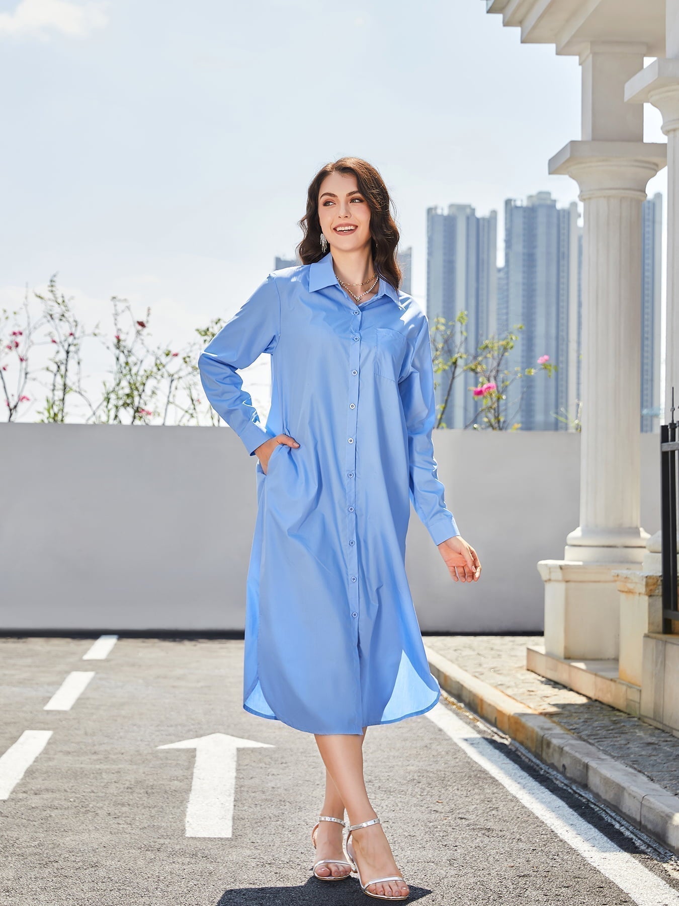 Long-Sleeved Side Slit Midi Shirt Dress