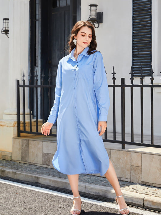 Long-Sleeved Side Slit Midi Shirt Dress Misty Blue
