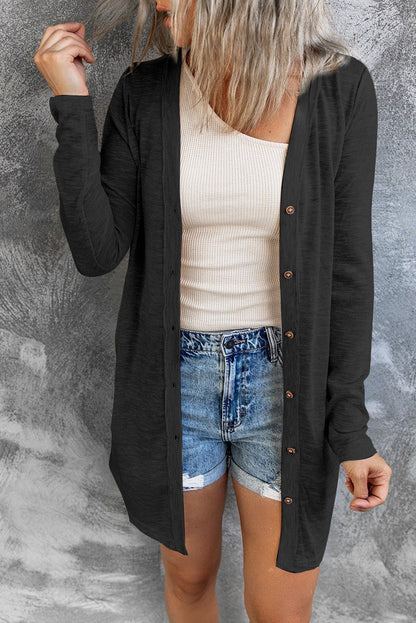 Longline Button-Down Cardigan for Women Black