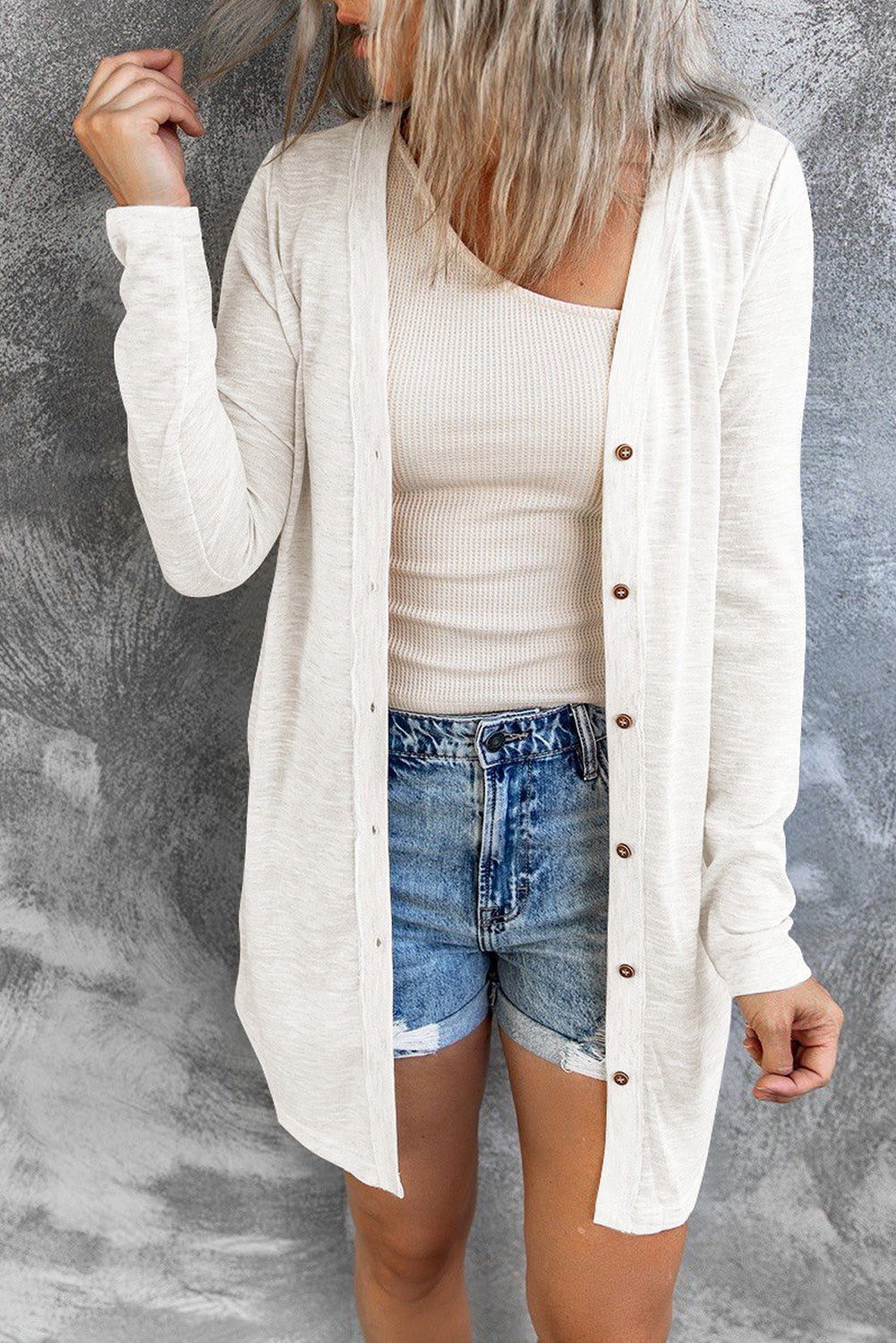 Longline Button-Down Cardigan for Women White