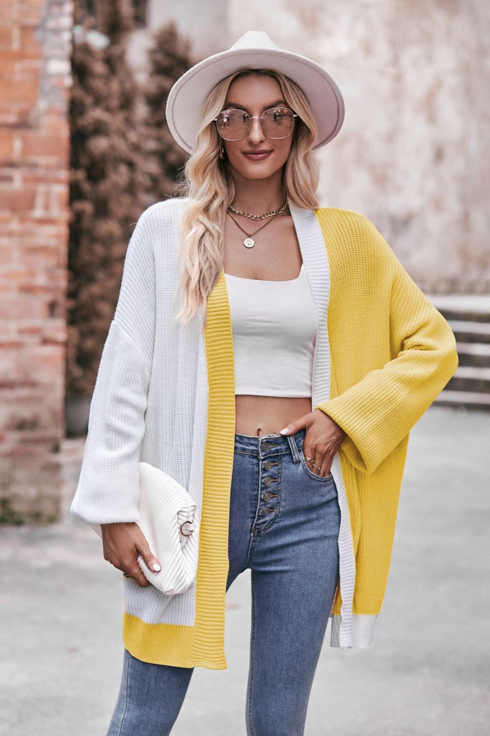 Longline Open Front Cardigan with Contrast Stitching for Women Banana Yellow