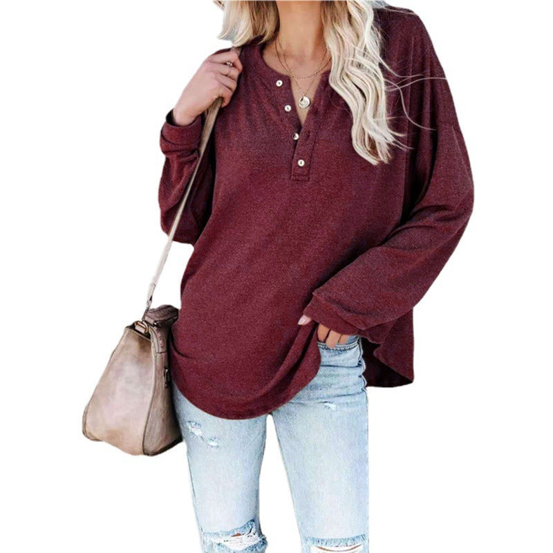 Women's Button V Neck Long Sleeve Knitted Top Wine Red