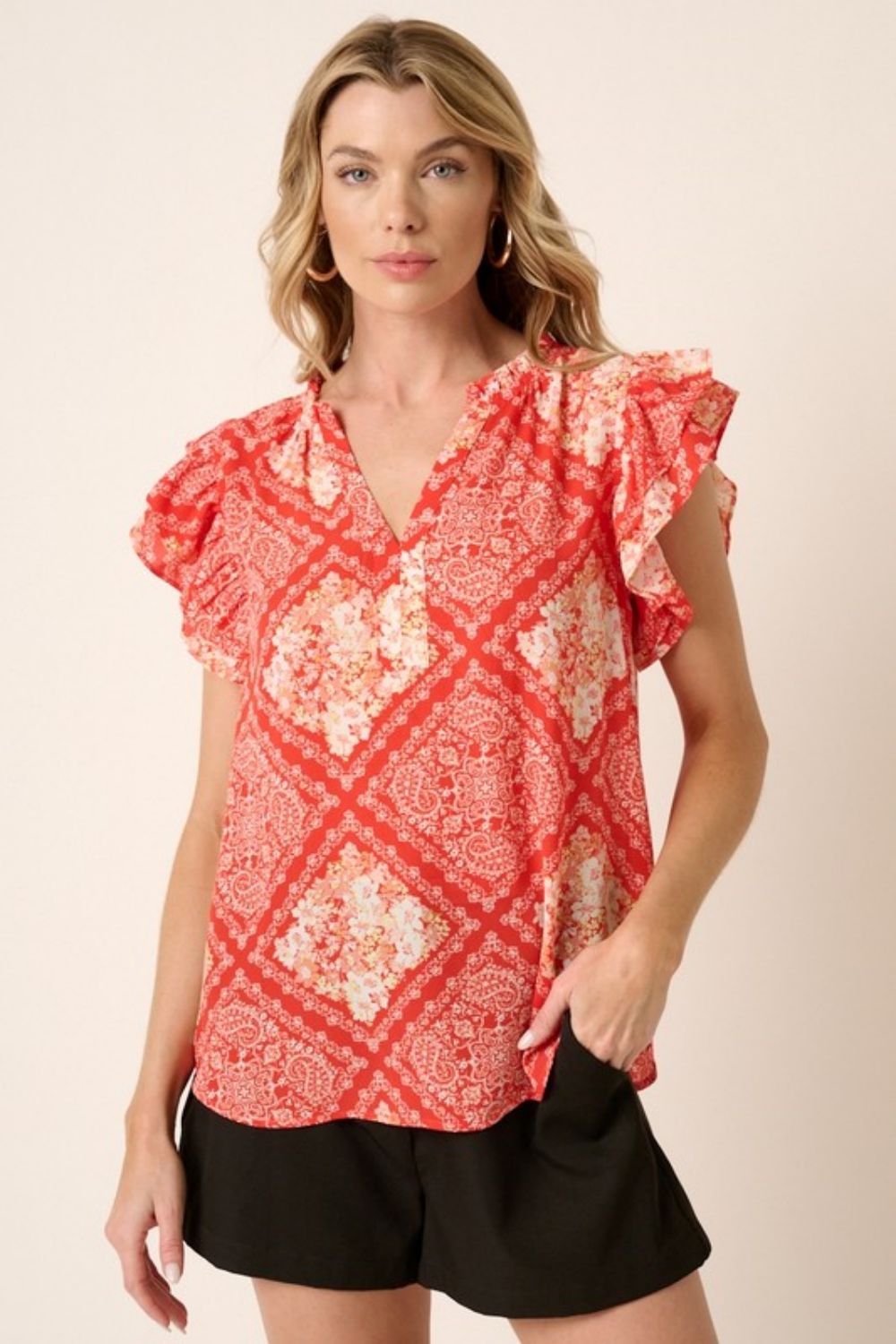 Mittoshop Full Size Printed Butterfly Sleeve Blouse Red