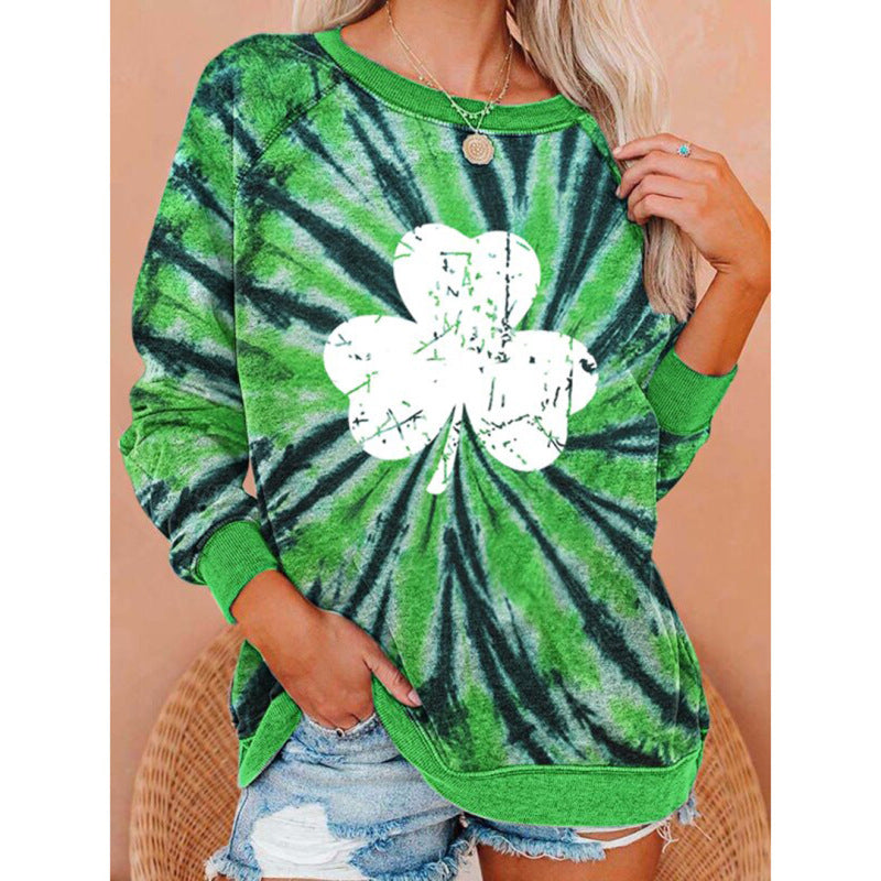 Women's St. Patrick's Irish Day Round Neck Tie Dye Long Sleeve Sweatshirt Green