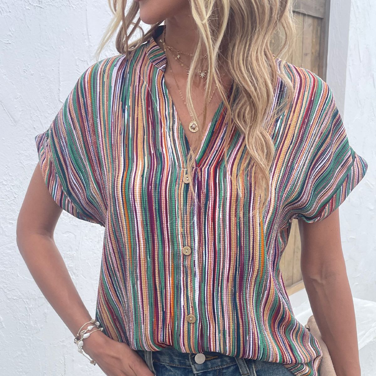 Multicolored Striped Notched Blouse Stripe