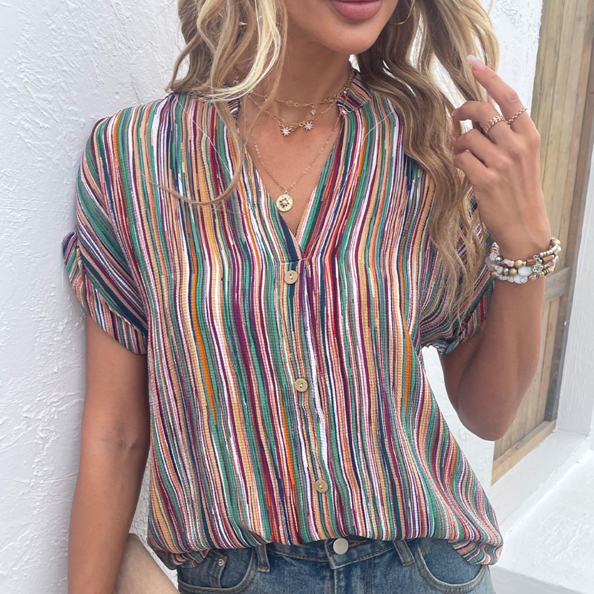 Multicolored Striped Notched Blouse