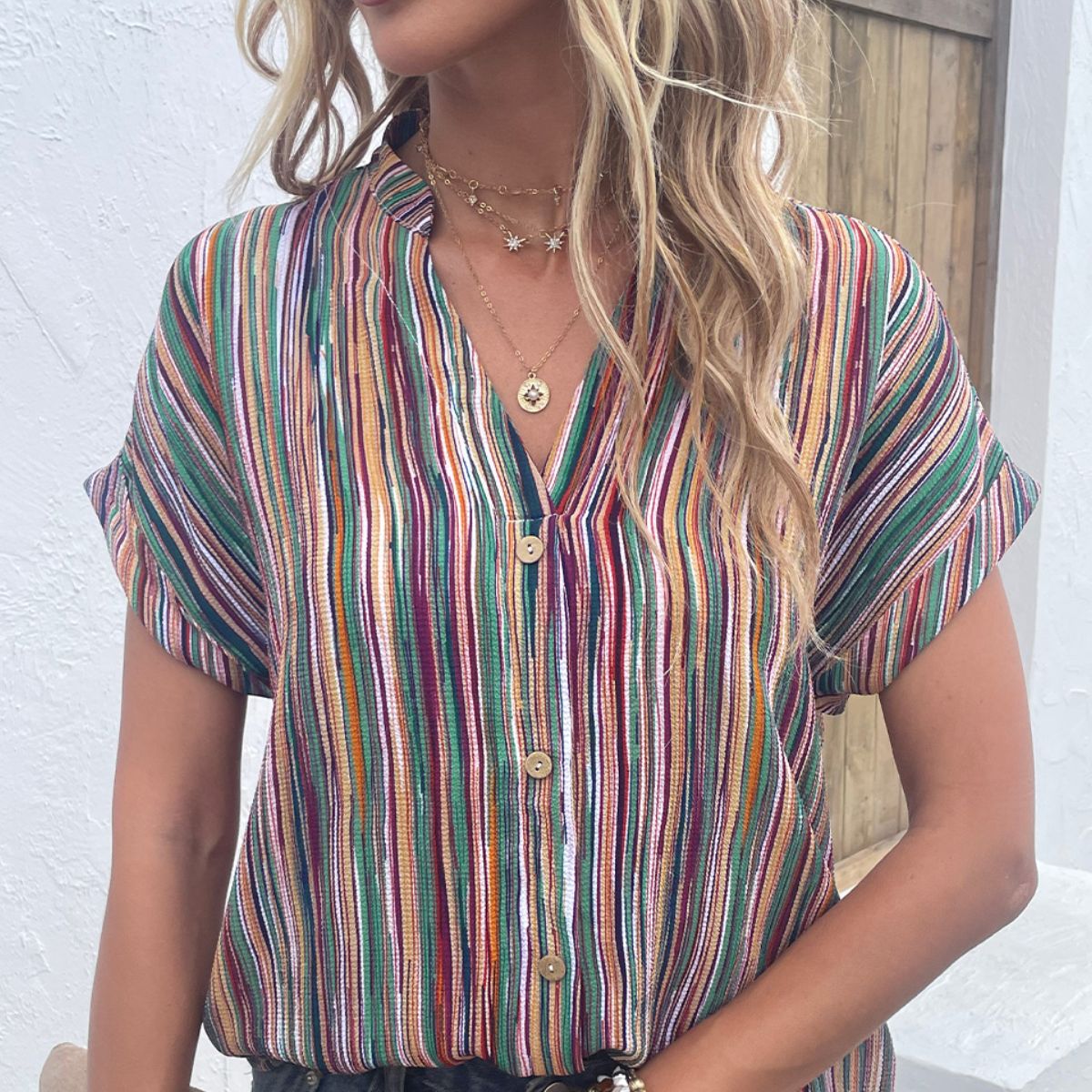 Multicolored Striped Notched Blouse