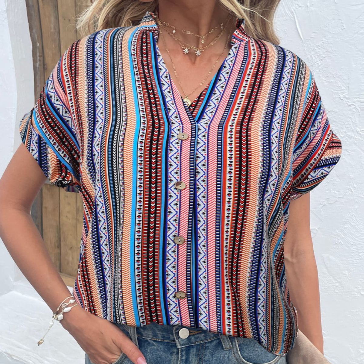 Multicolored Striped Notched Blouse Multicolor