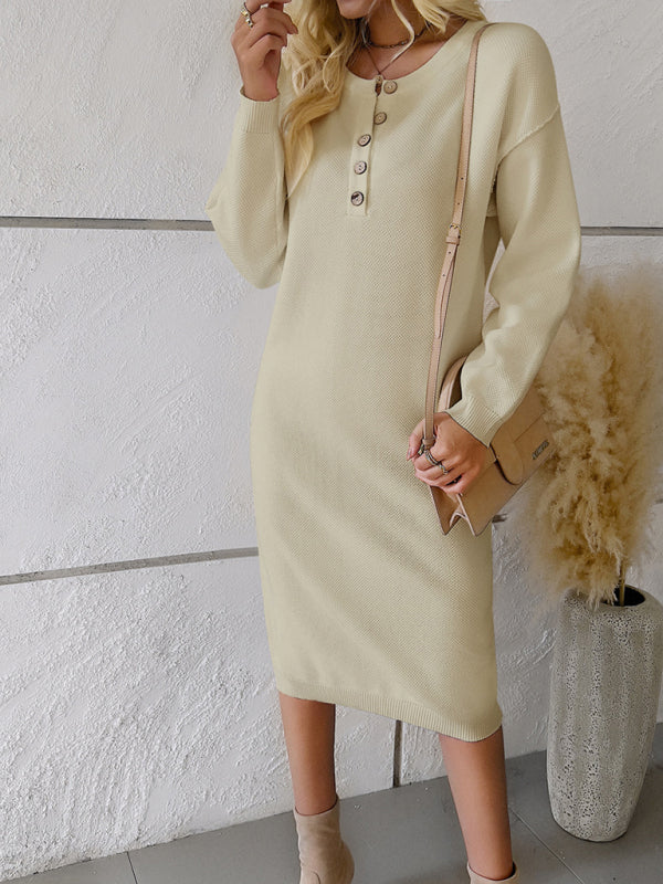 New casual round neck sweater dress Cracker khaki