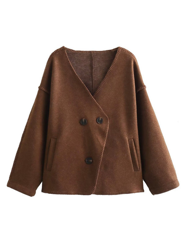 New fashionable women's temperament V-neck regular short wool jacket