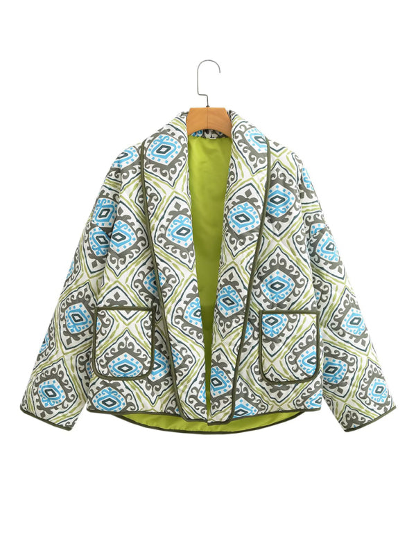 New loose, slim, fashionable and versatile French V-neck long-sleeved printed cotton jacket Pale green