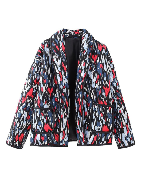 New retro loose long-sleeved versatile printed quilted cotton jacket