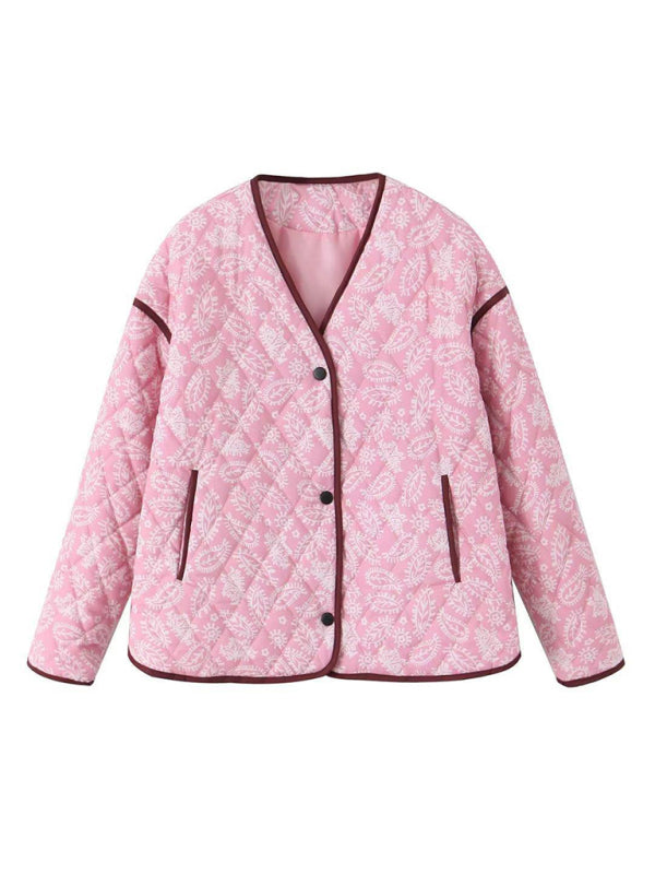 New women's pink printed patchwork cotton coat loose cotton coat