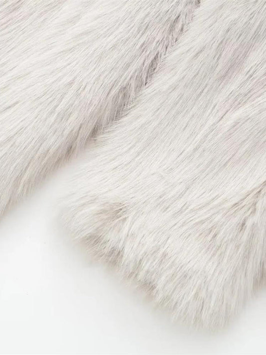 New women's warm lapel loose faux fur effect coat White
