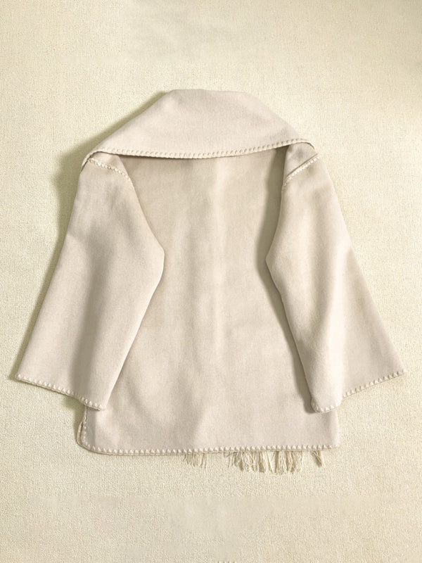 New wool blend coat fringed scarf collar loose woolen coat