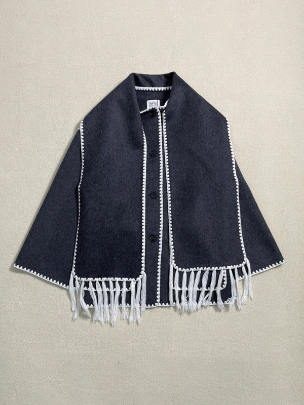 New wool blend coat fringed scarf collar loose woolen coat