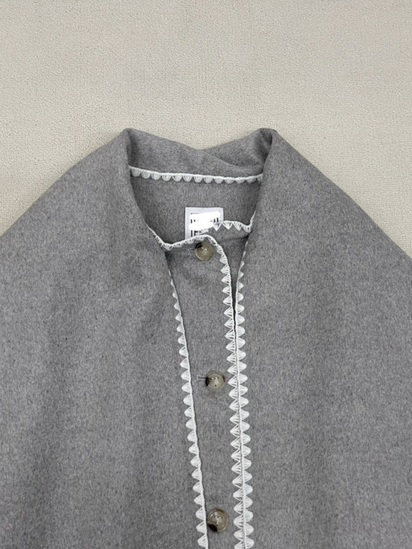 New wool blend coat fringed scarf collar loose woolen coat