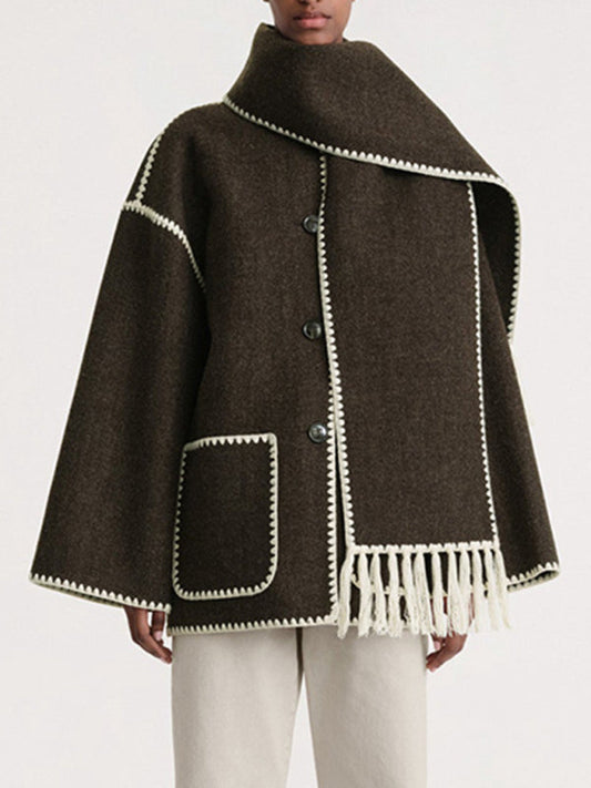 New wool blend coat fringed scarf collar loose woolen coat Green black jasper