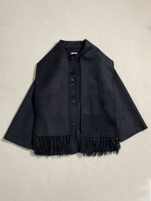 New wool blend coat fringed scarf collar loose woolen coat