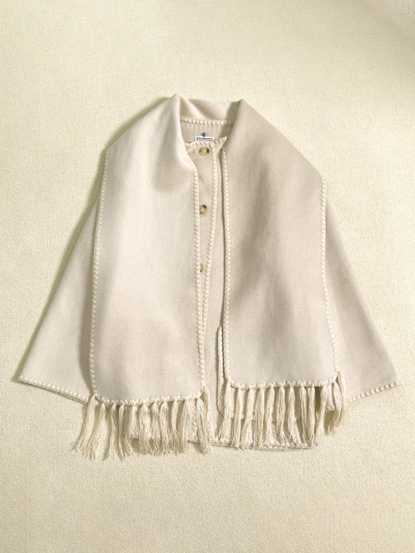 New wool blend coat fringed scarf collar loose woolen coat Cream