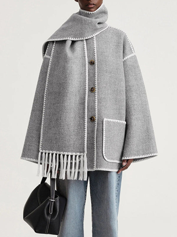 New wool blend coat fringed scarf collar loose woolen coat Misty grey