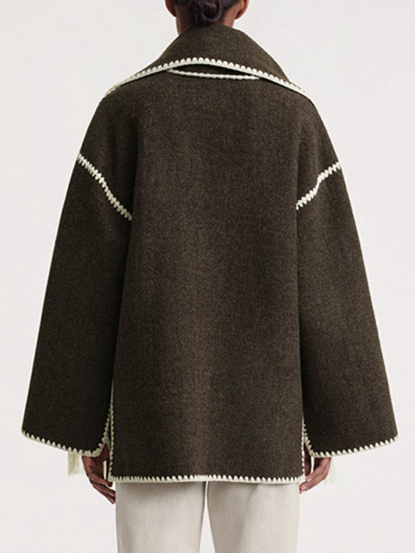 New wool blend coat fringed scarf collar loose woolen coat