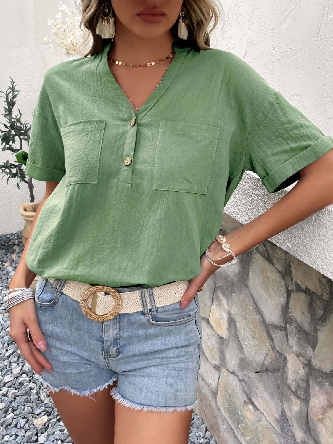 Notch Neck Cuffed Sleeve Button-Front Blouse Green