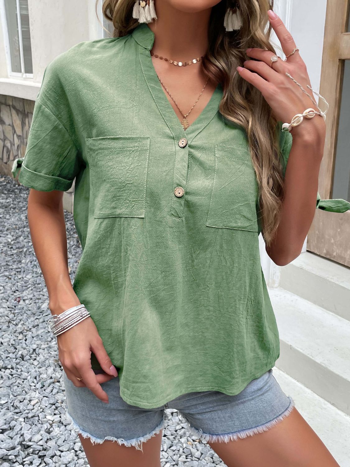 Notch Neck Cuffed Sleeve Button-Front Blouse