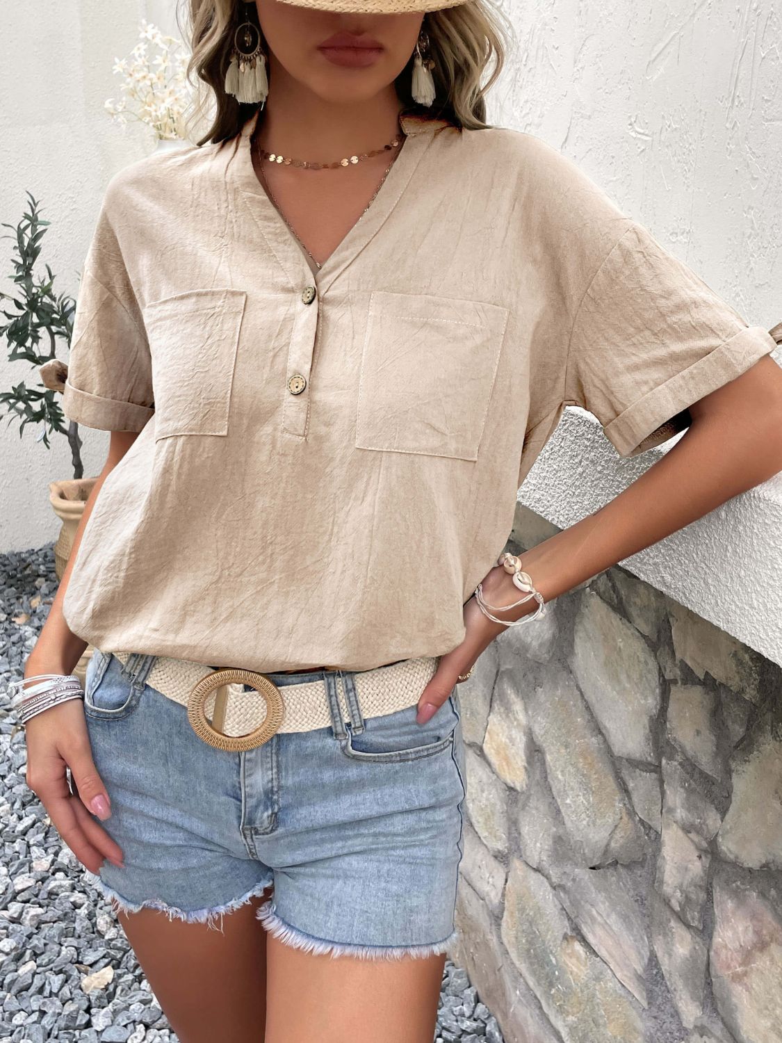 Notch Neck Cuffed Sleeve Button-Front Blouse