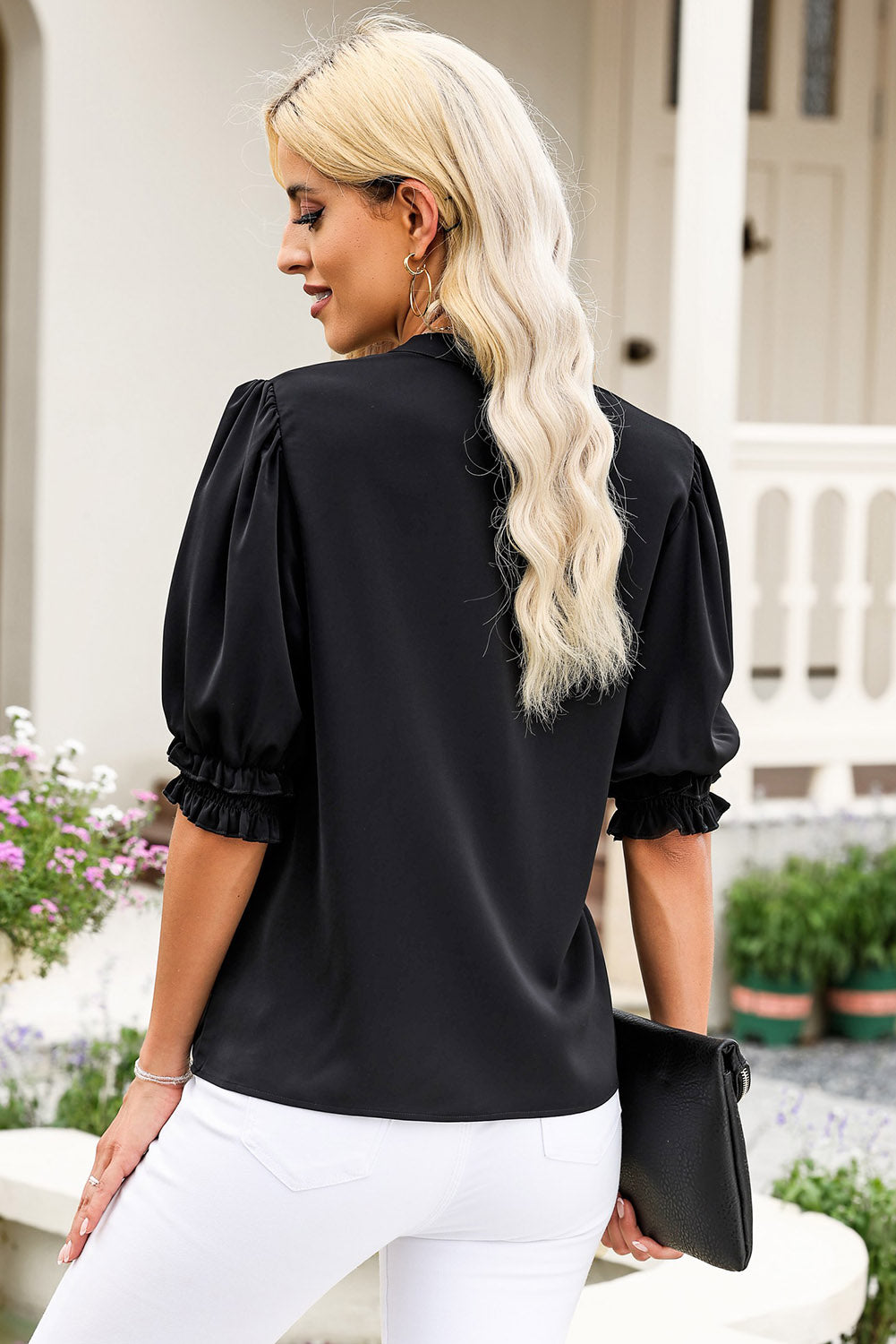 Notch-Neck Puff-Sleeve Blouse