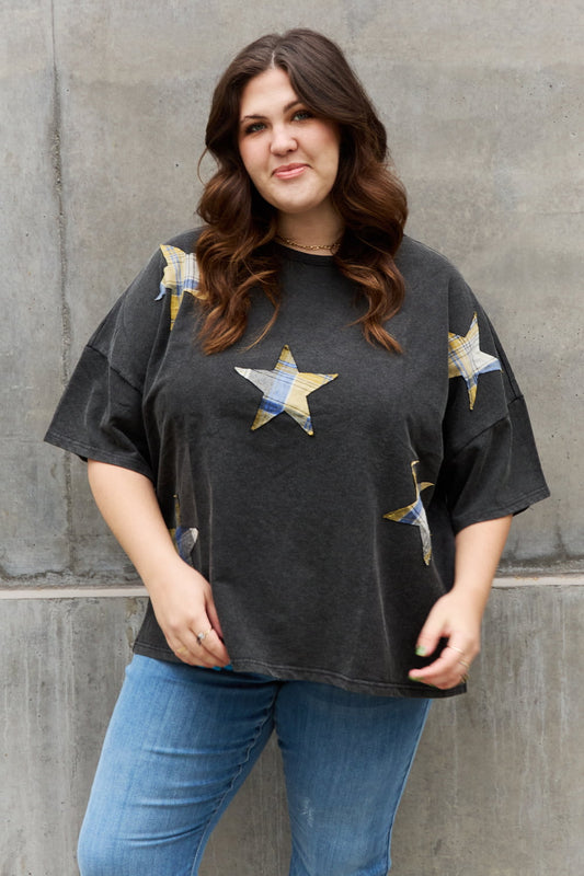 ODDI Full Size Printed Star Patch Detail Top Washed Black