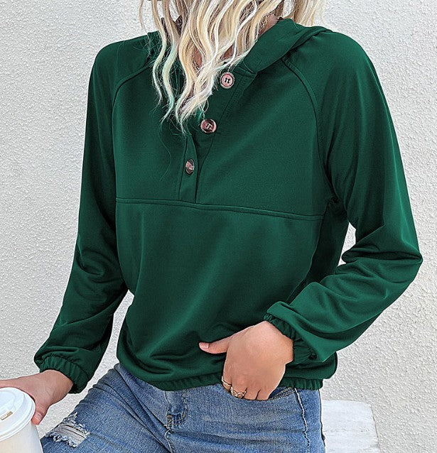 New women's long-sleeved solid color hooded sweater Green black jasper