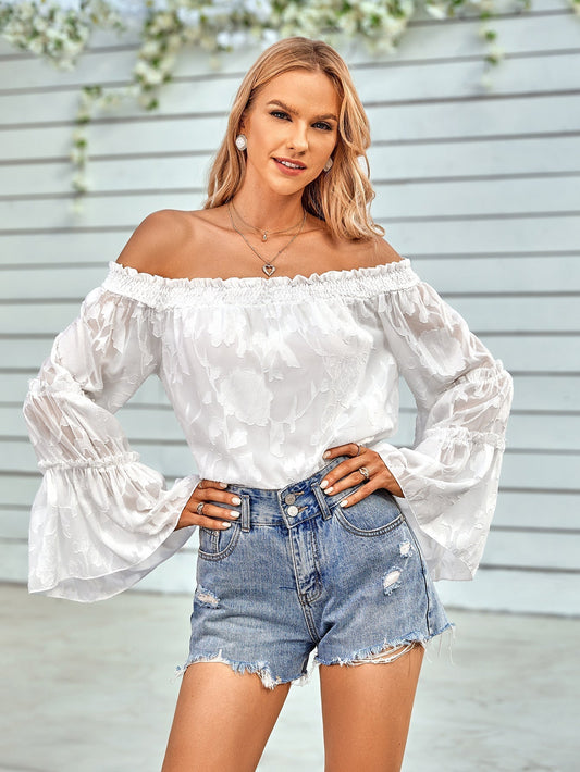 Off-Shoulder Blouse with Applique Detail and Flounce Sleeves White