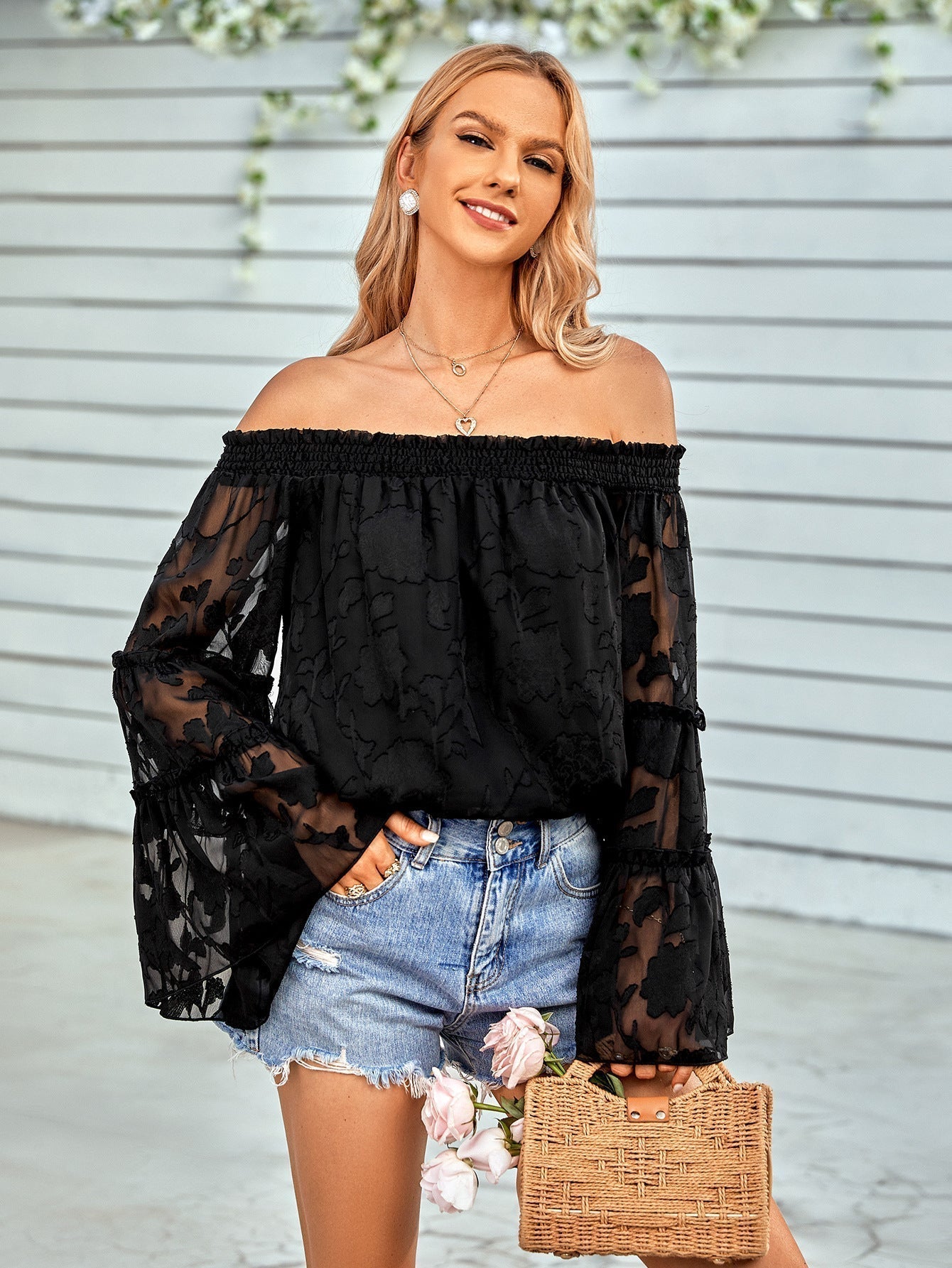 Off-Shoulder Blouse with Applique Detail and Flounce Sleeves