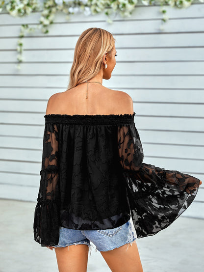 Off-Shoulder Blouse with Applique Detail and Flounce Sleeves