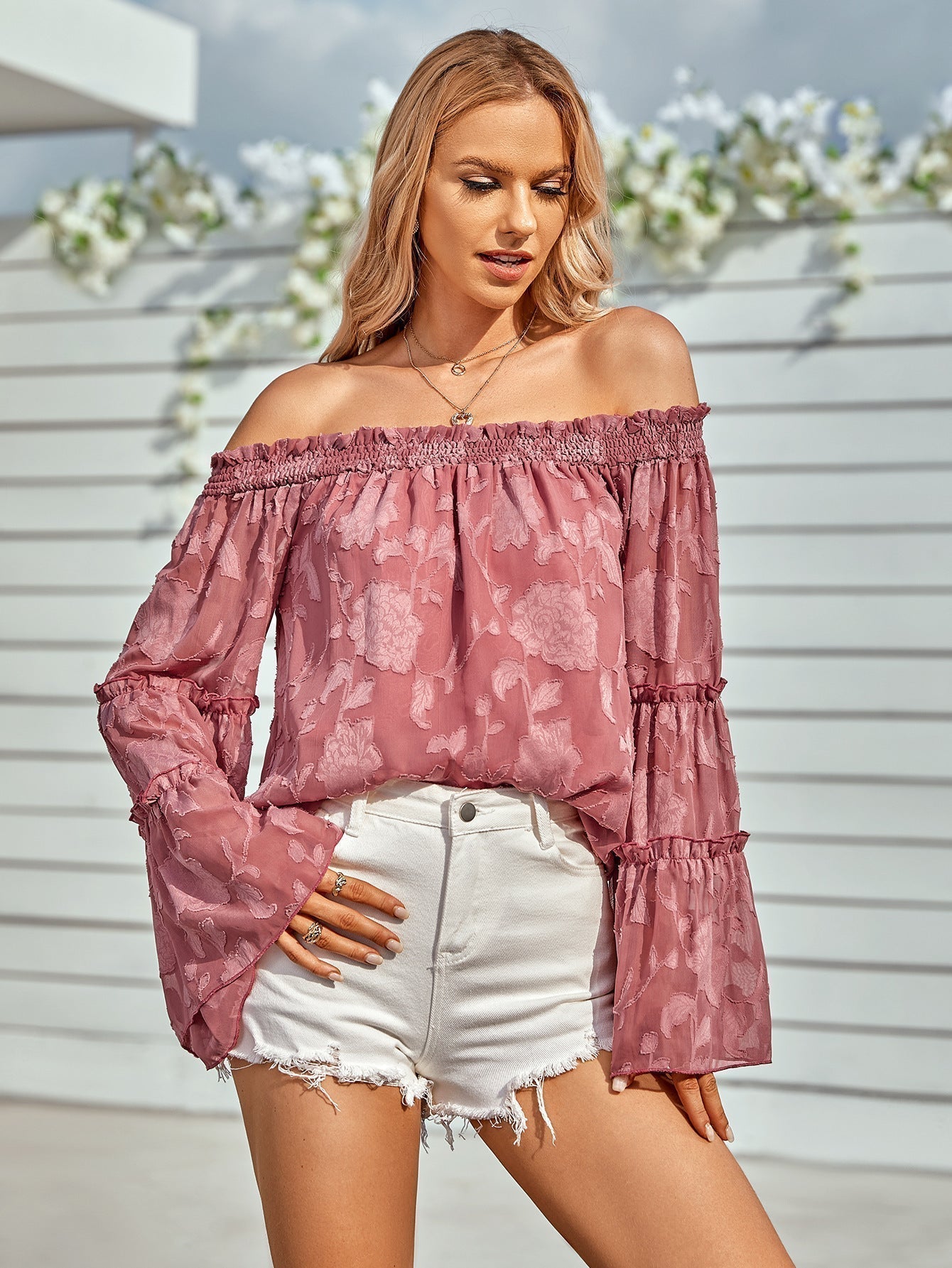 Off-Shoulder Blouse with Applique Detail and Flounce Sleeves Light Mauve
