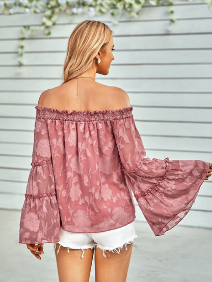 Off-Shoulder Blouse with Applique Detail and Flounce Sleeves