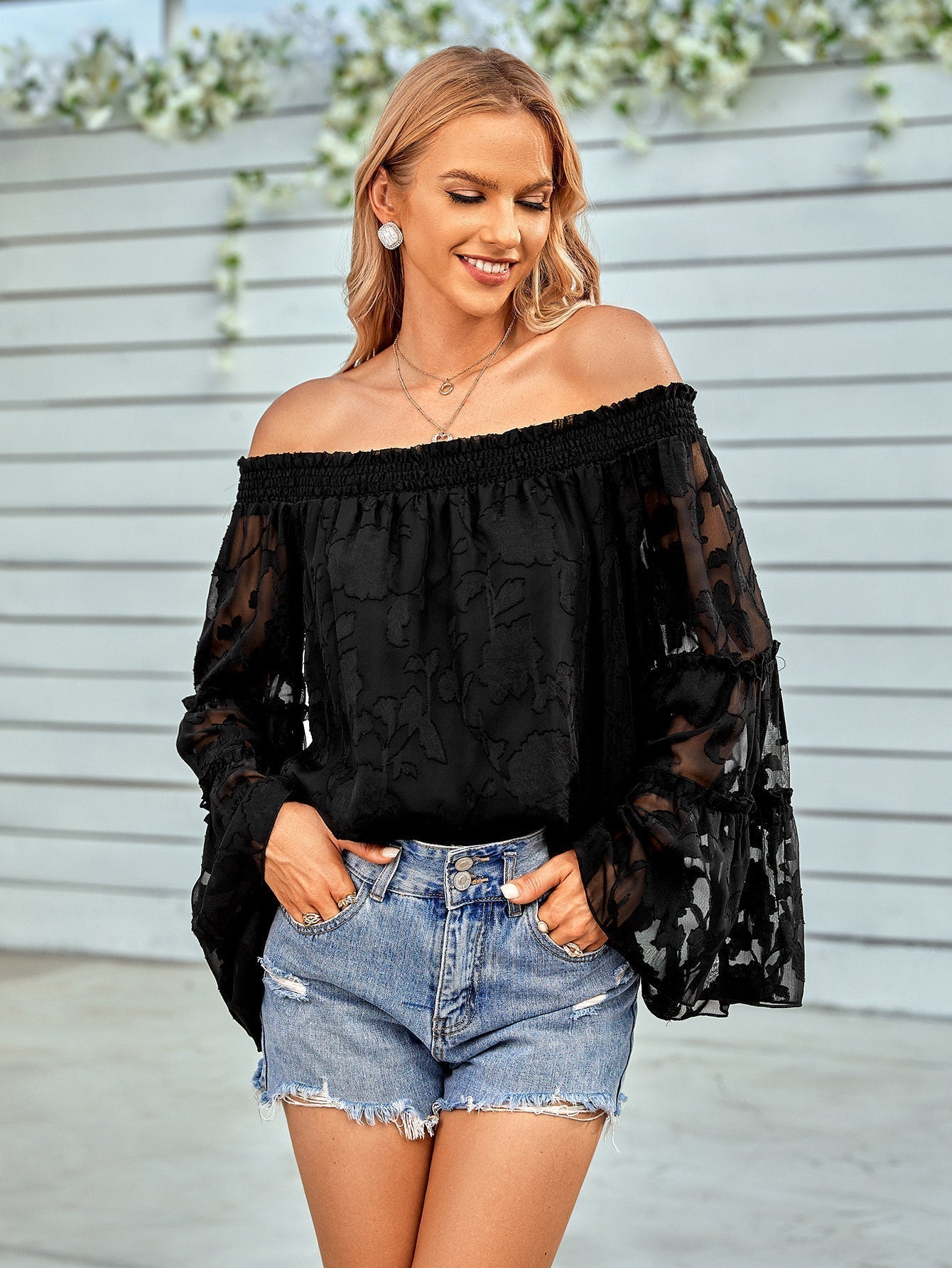 Off-Shoulder Blouse with Applique Detail and Flounce Sleeves